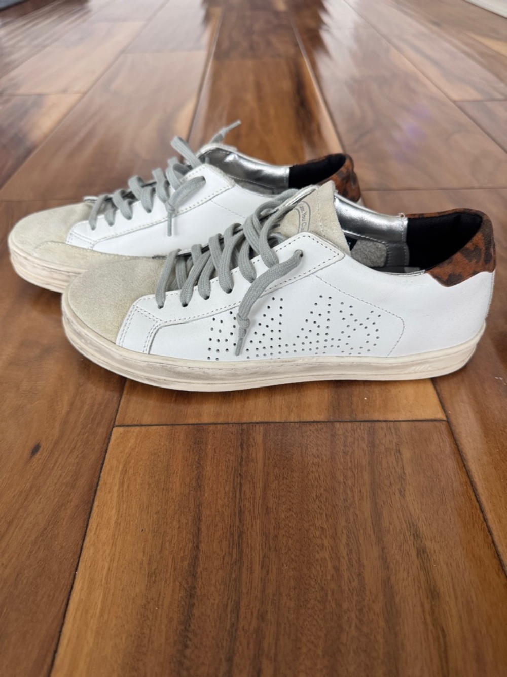 P448 Distressed White Leather Sneakers with Gray Accents and Leopard Heel
